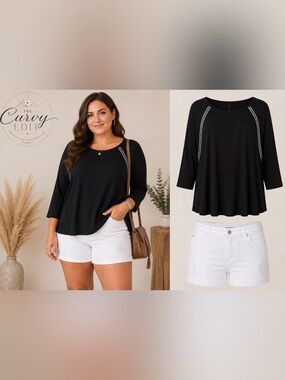 REBEL by Rebel Wilson 3X Black Embellished Shoulder Top Plus Size Stretch Knit